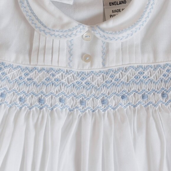 White Smocked Heirloom Dress Blue Embroidery Sarah Louise 3 Months Portrait NWT - Picture 3 of 6